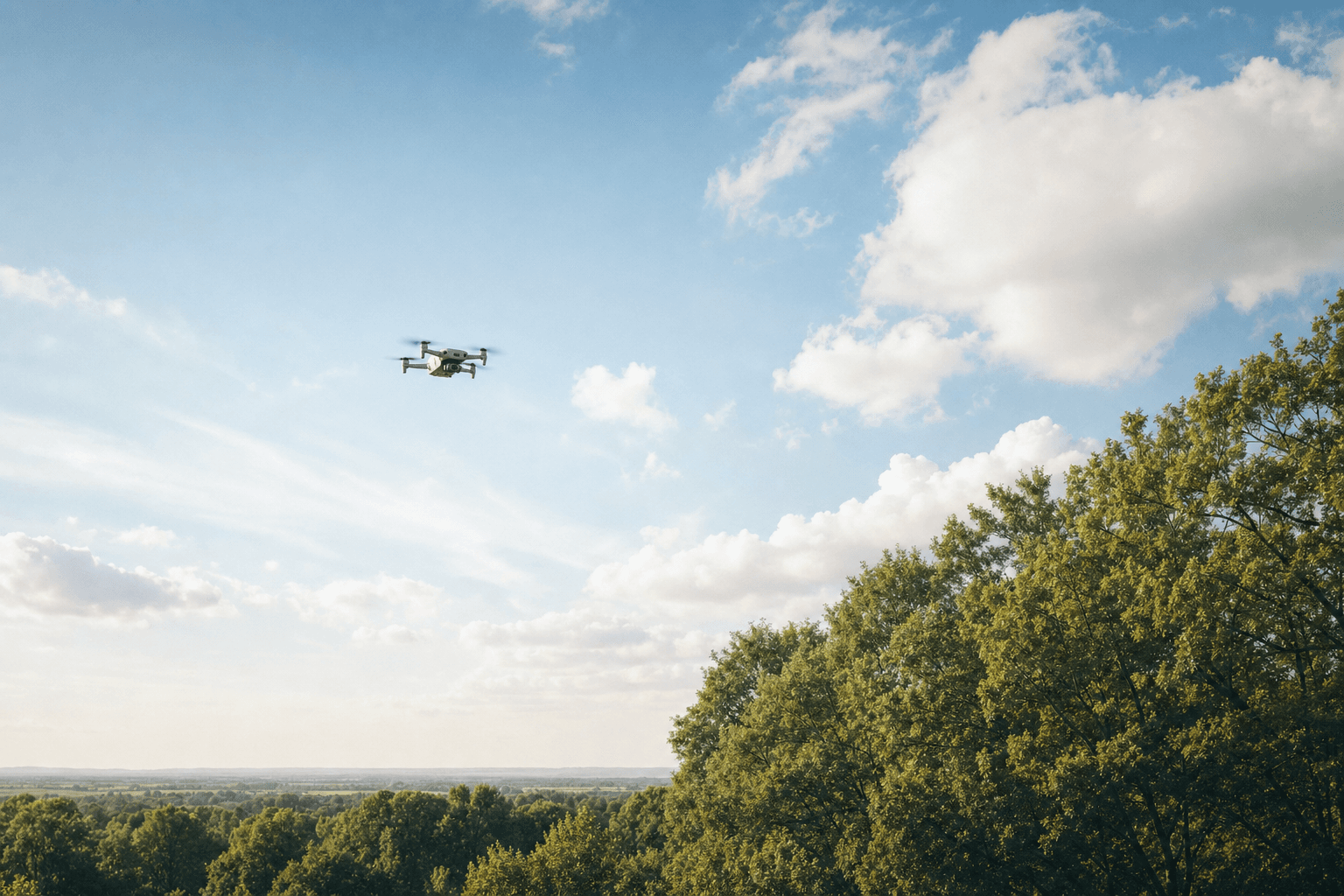 Survey-drone die laag boven een Nederlands landschap hangt onder een zachte cumulus-lucht