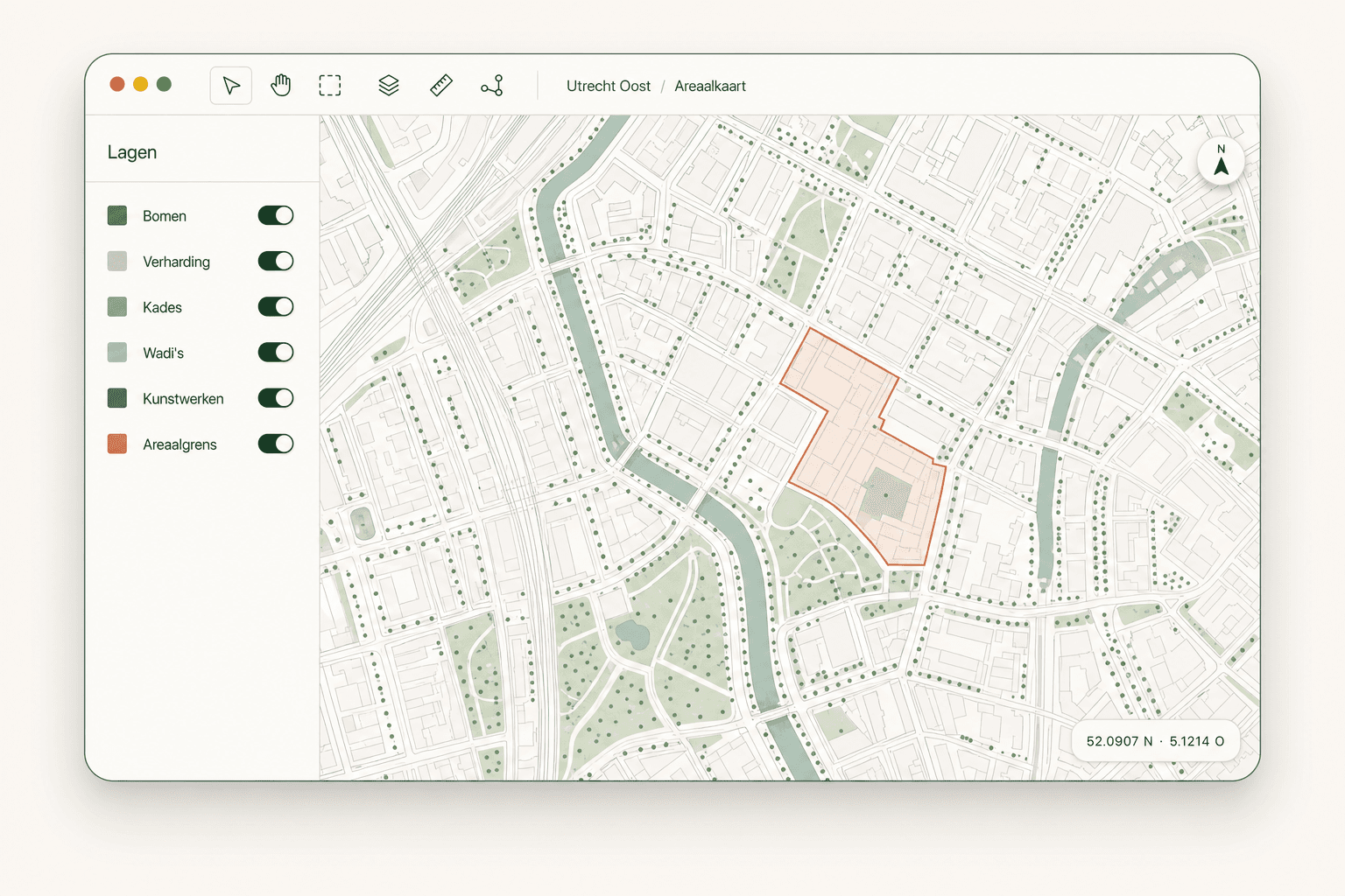Schermafbeelding van een GIS-omgeving met een kaart van de openbare ruimte en een lagenpaneel