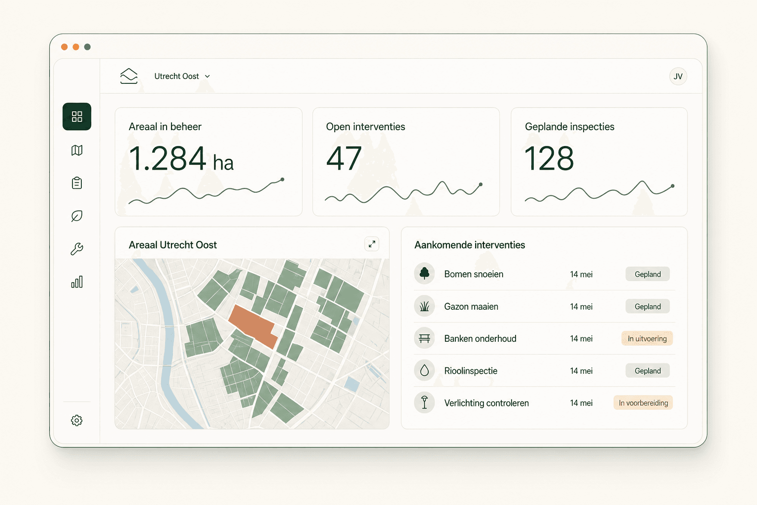 Asset-managementdashboard met KPI's, kaartfragment en interventieplanning