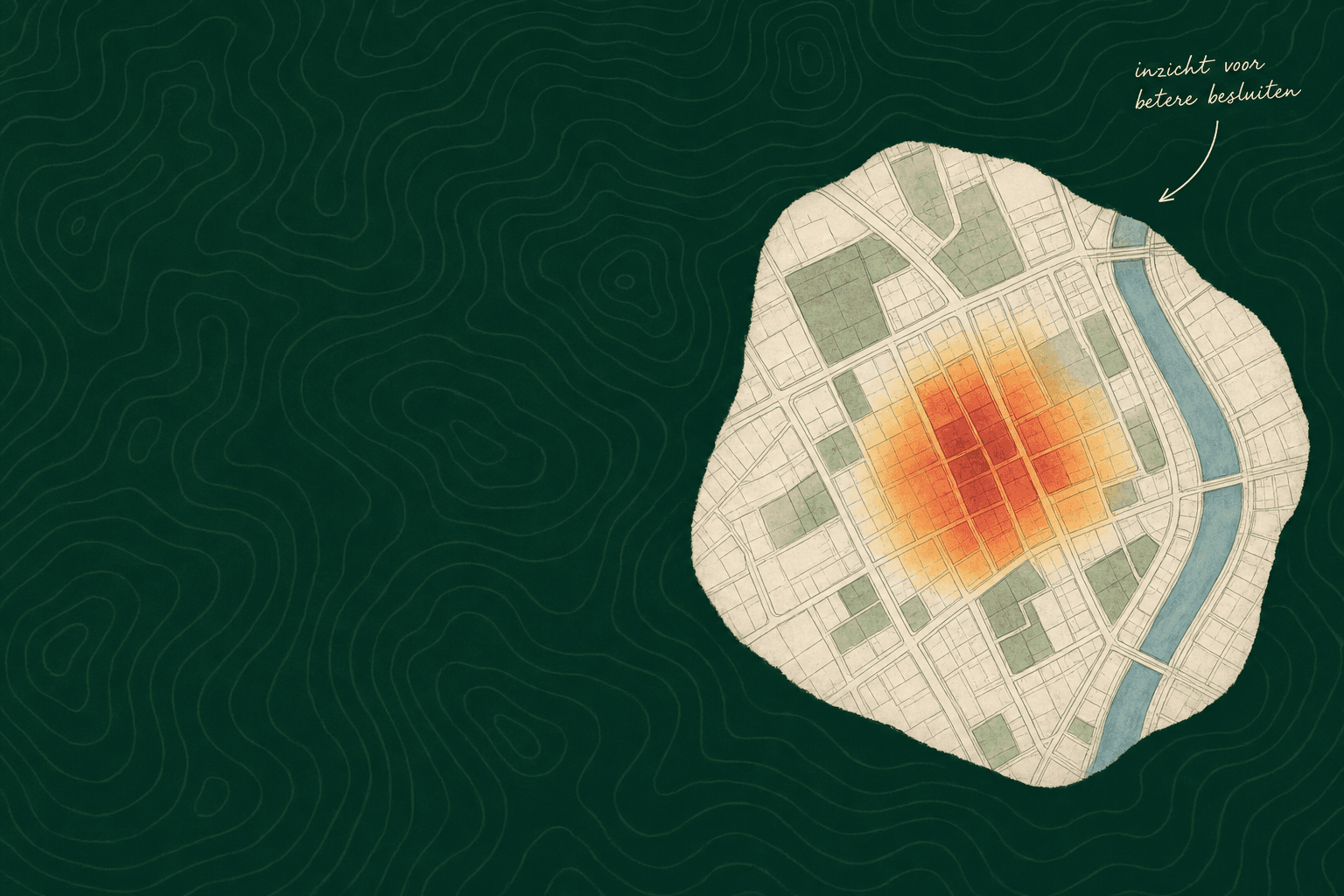 Donkergroen topografisch paneel met een organische uitsnede die een stadskaart met heatmap toont