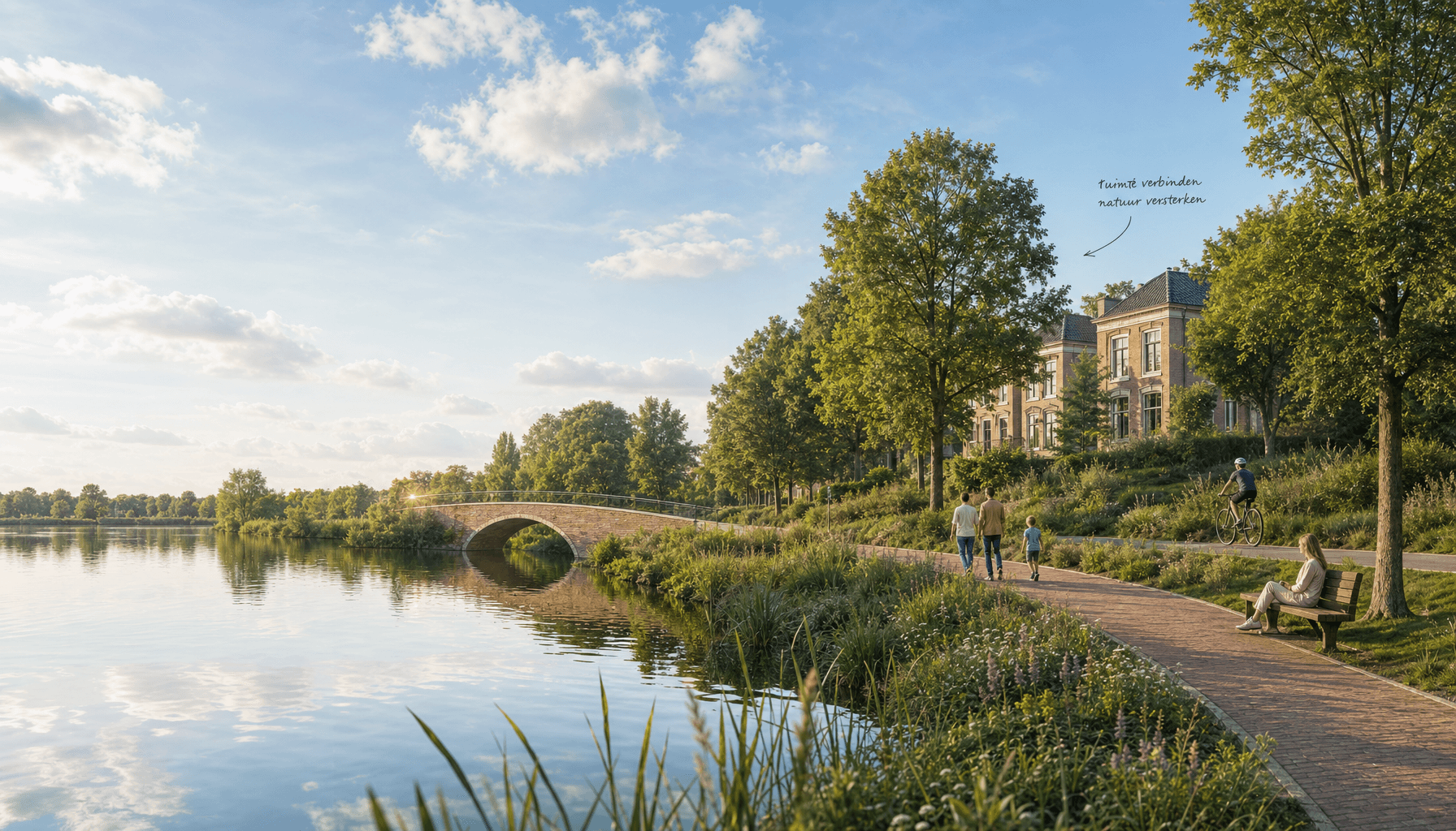 Nederlandse stadsruimte met een rustige brede vijver, een blauwe lucht en mensen die langs de oever wandelen tussen de bomen aan de rechterkant